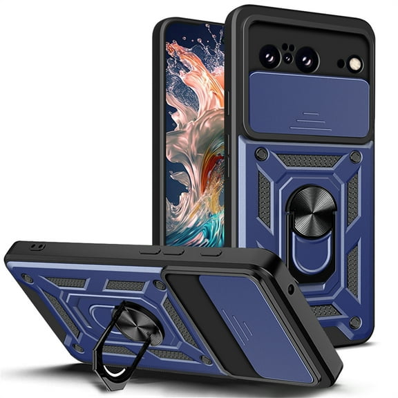 CCSmall for Google Pixel 8 Case with Slide Camera Cover for Men, Military Grade Drop Phone Cover Case with Ring Kickstand for Google Pixel 8 SJ Blue