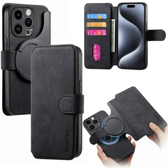 CCSmall for iPhone 15 Pro Max Detachable Magnetic Wallet Phone Case for Men Women, RFID Blocking Material Retro Folio Flip Leather Cover Case with Card Slots for iPhone 15 Pro Max KQX Black