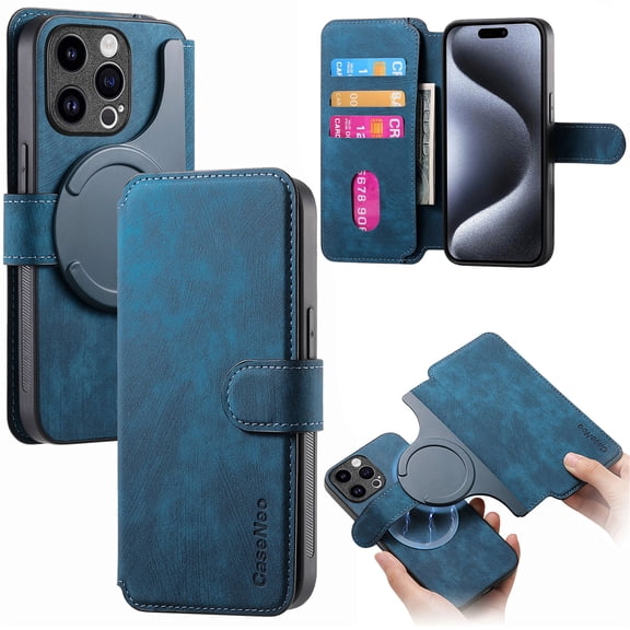 CCSmall for iPhone 15 Pro Max Detachable Magnetic Wallet Phone Case for Men Women, RFID Blocking Material Retro Folio Flip Leather Cover Case with Card Slots for iPhone 15 Pro Max KQX Blue