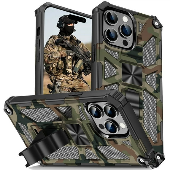 CCSmall for iPhone 16 Pro Case Camouflage with Kickstand for Men, Military Grade Shockproof Protective Phone Cover Built-in Stand Case for iPhone 16 Pro Camo Army Green