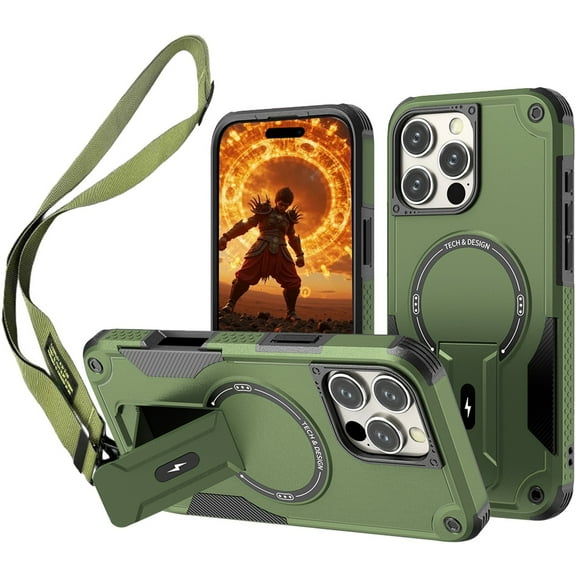 CCSmall for iPhone 16 Pro Case Crossbody with Kickstand Compatible for Magsafe, Military-Grade Armor Cover with Adjustable Shoulder Lanyard Strap Cell Phone Case for iPhone 16 Pro DJ Green
