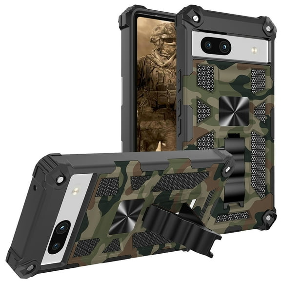 CCSmaller Camouflage Case for Google Pixel 7a with Metal Kickstand, Camo Phone Cover Built-in 360° Rotate Ring Stand Case for Google Pixel 7a MC Army Green
