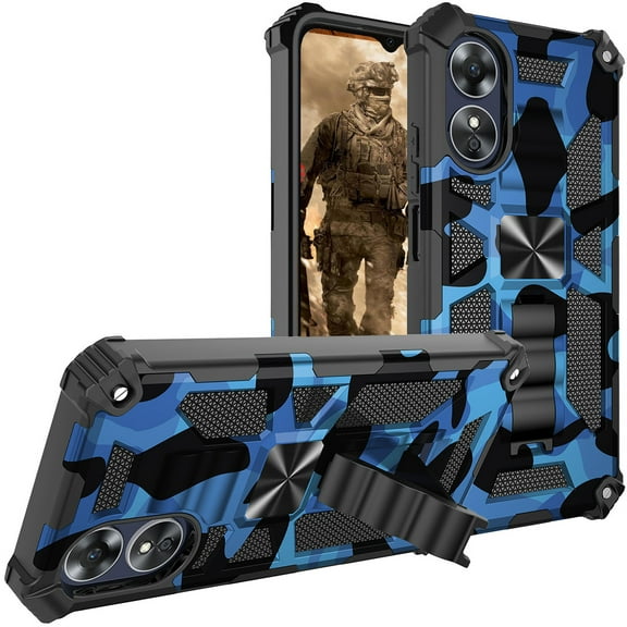 CCSmaller Camouflage Case for Oppo A17 with Metal Kickstand, Camo Phone Cover Built-in 360° Rotate Ring Stand Case for Oppo A17 MC Dark Blue
