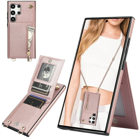 CCSmaller Crossbody Wallet Case for Samsung Galaxy S24 Ultra (Not S24), PU Leather Zipper Handbag Purse Flip Cover with Kickstand Case for Samsung Galaxy S24 Ultra ZP Rose God