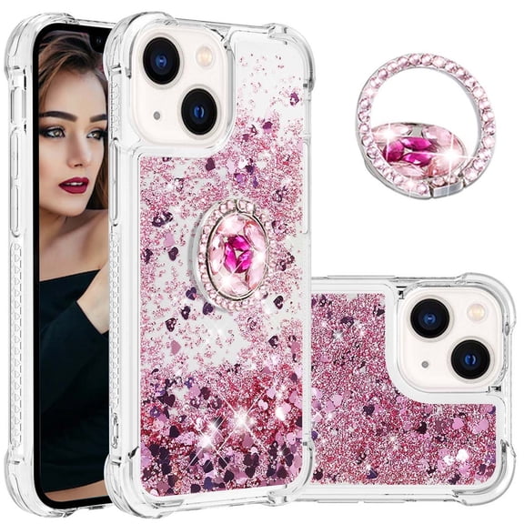 CCSmaller Glitter Clear Sparkly Bling Case for Apple iPhone 15 Plus , Flowing Liquid Quicksand Cover with Diamond Ring Holder Case for iPhone 15 Plus LSZ Rose Gold