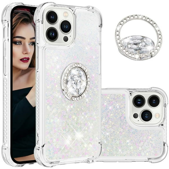 CCSmaller Glitter Clear Sparkly Bling Case for Apple iPhone 15 Pro , Flowing Liquid Quicksand Cover with Diamond Ring Holder Case for iPhone 15 Pro LSZ Colorful