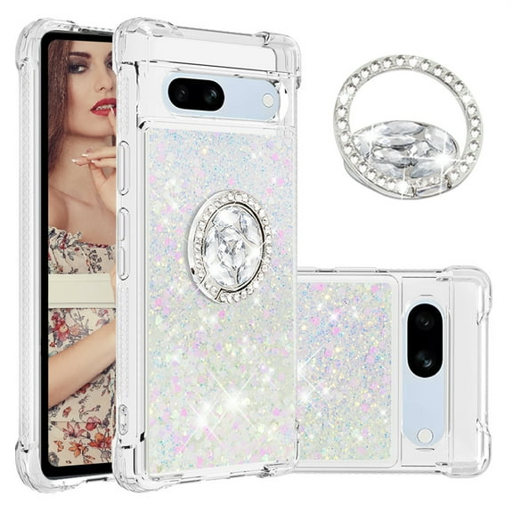 CCSmaller Glitter Clear Sparkly Bling Case for Google Pixel 7a , Flowing Liquid Quicksand Cover with Diamond Ring Holder Case for Google Pixel 7a LSZ Colorful