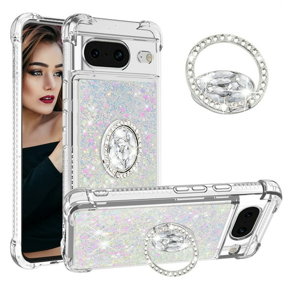 CCSmaller Glitter Clear Sparkly Bling Case for Google Pixel 8 Case, Flowing Liquid Quicksand Cover with Diamond Ring Holder Case for Google Pixel 8 LSZ Colorful