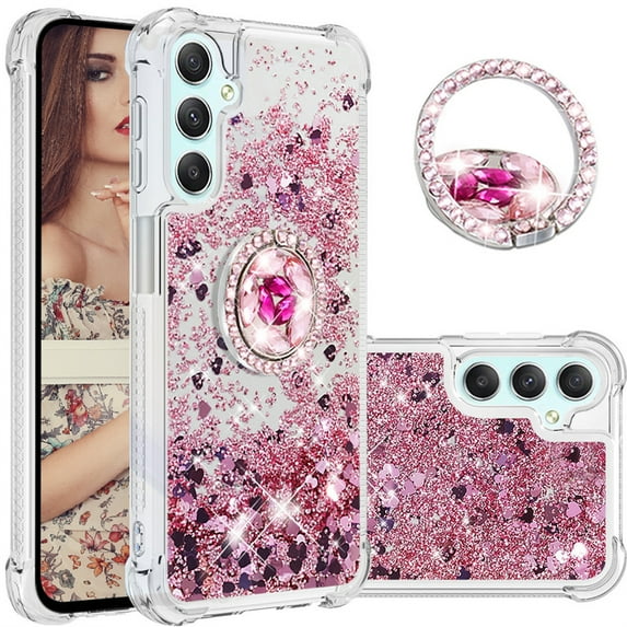 CCSmaller Glitter Clear Sparkly Bling Case for Samsung Galaxy A24 4G , Flowing Liquid Quicksand Cover with Diamond Ring Holder Case for Samsung Galaxy A24 4G LSZ Rose Gold