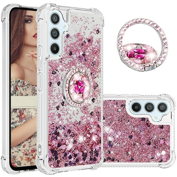 CCSmaller Glitter Clear Sparkly Bling Case for Samsung Galaxy A54 5G , Flowing Liquid Quicksand Cover with Diamond Ring Holder Case for Samsung Galaxy A54 5G LSZ Rose Gold