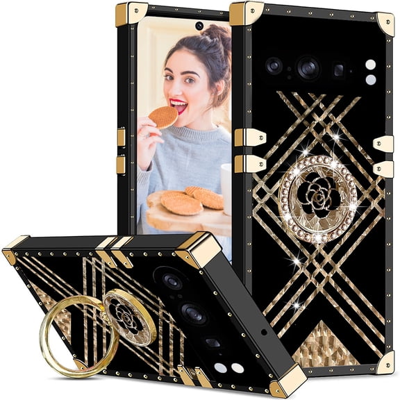 CCSmaller for Google Pixel 8 Pro Case for Women Girly, Cute Elegant Metal Decoration Corner Soft TPU Bumper Case with Ring Kickstand Cover for Google Pixel 8 Pro BF Plaid Black