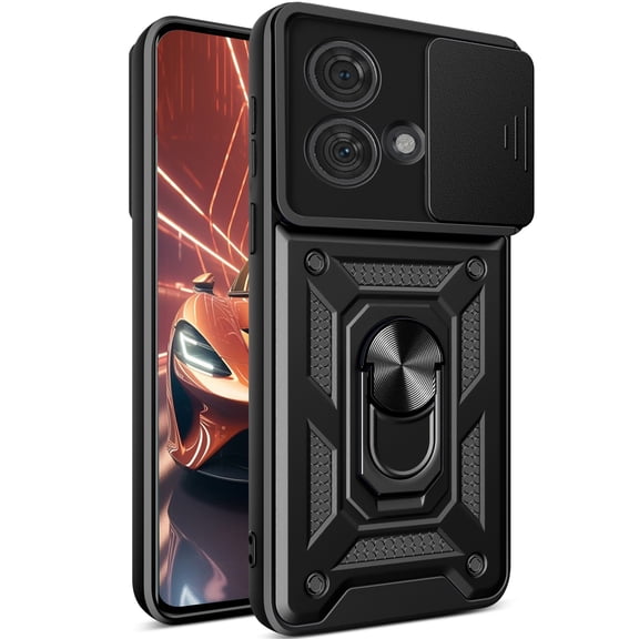 CCSmaller for Motorola Edge 40 Neo (Not 40) Case with Slide Camera Cover for Men, Military Grade Drop Phone Cover Case with Rotate Ring Kickstand for Moto Edge 40 Neo SJ Black