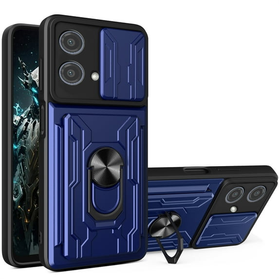 CCSmaller for Motorola G84 5G Case with Card Holder & Slide Camera Cover, Heavy Duty Protection Case with Ring Kickstand Cell Phone Case for Moto G84 5G LJK Blue