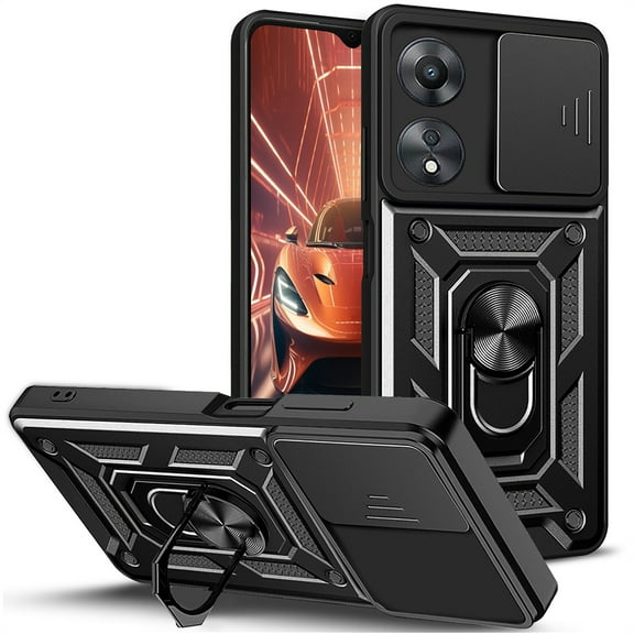 CCSmaller for Oppo A58 4G Case with Slide Camera Cover for Men, Military Grade Drop Phone Cover Case with Rotate Ring Kickstand for Oppo A58 4G SJ Black