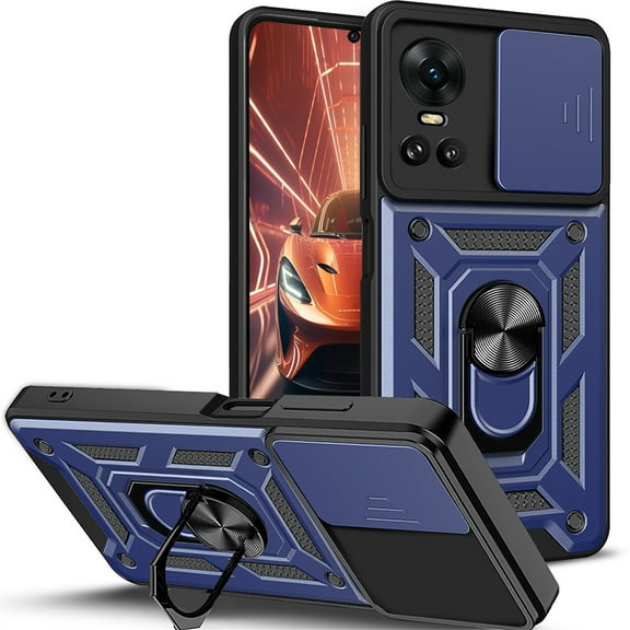 CCSmaller for Oppo Reno 10 5G Case with Slide Camera Cover for Men, Military Grade Drop Phone Cover Case with Rotate Ring Kickstand for Oppo Reno10 Pro 5G / Reno10 5G SJ Blue