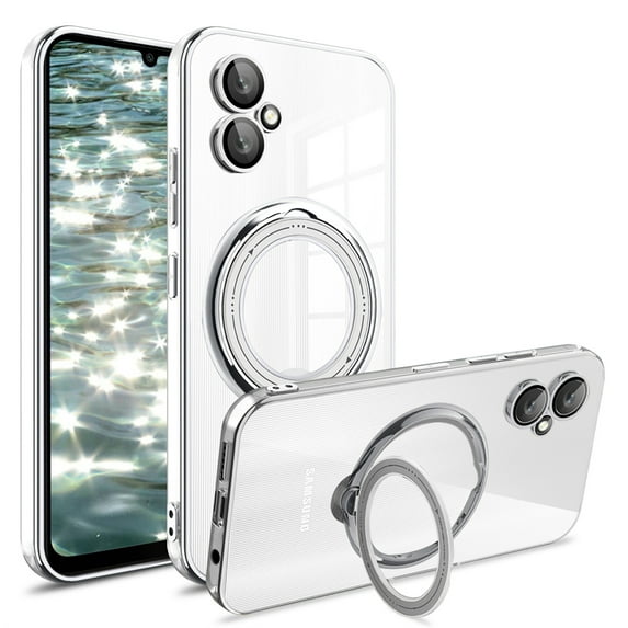 CCSmaller for Samsung Galaxy A05 Case with Camera Lens Protector, Non-Yellowing Shockproof Phone Bumper Cover with Stand & Ring Holder TPU Clear Case for Samsung Galaxy A05 LD Silver