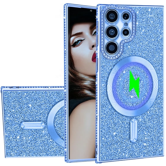 CCSmaller for Samsung Galaxy S22 Ultra Glitter Case with Camera Lens Protector, Slim TPU Clear Case with Magsafe Shiny Bling Sparkly Diamond Cover for Samsung S22 Ultra 5G KCZ Blue