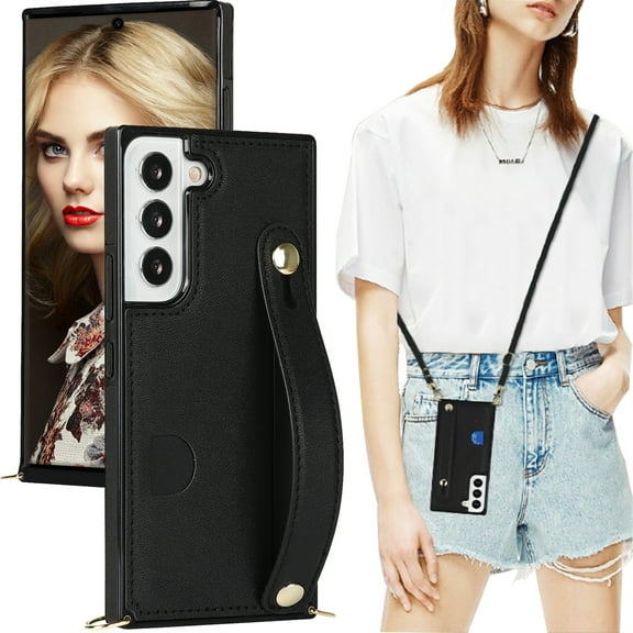 CCSmaller for Samsung Galaxy S23 Case with Card Holder for Women, Phone Case Crossbody with Wrist Strap & Removable Adjustable Shoulder Lanyard Cover for Samsung Galaxy S23 KB Black