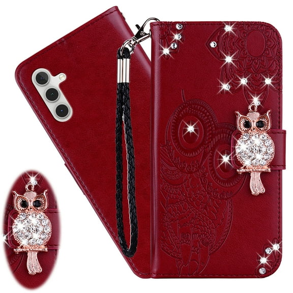 CCSmaller for Samsung Galaxy S23 FE Wallet Case (Not S23) for Women, Glitter Bling Diamond PU Leather Flip Folio Cover with Card Slot & Wrist Strap Phone Case for Samsung Galaxy S23 FE Owl Red