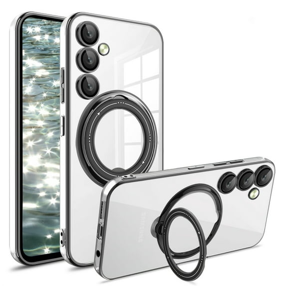 CCSmaller for Samsung Galaxy S24 Plus Case (S24) with Camera Lens Protector, Non-Yellowing Shockproof Phone Bumper Cover with Ring Holder TPU Clear Case for Samsung S24 Plus LD Black