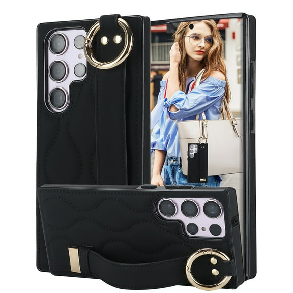 CCSmaller for Samsung Galaxy S24 Ultra Case (Not S24) with Strap Wristband Kickstand, PU Leather Phone Cover with Ring Case for Samsung Galaxy S24 Ultra ZWD Black