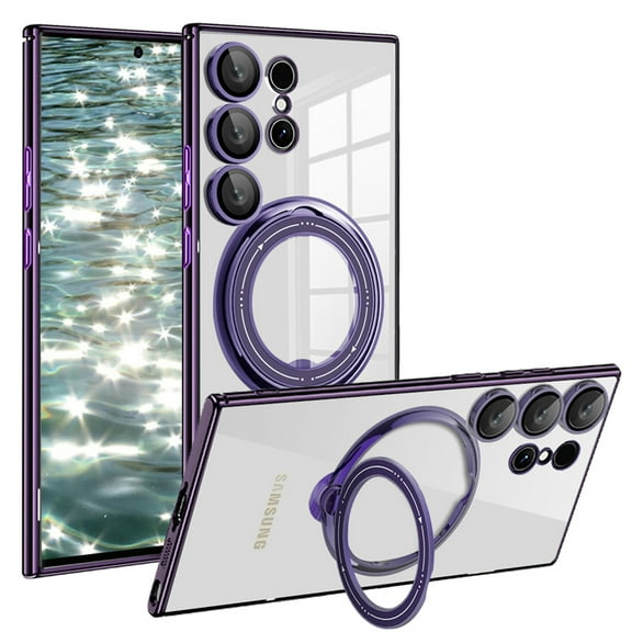 CCSmaller for Samsung Galaxy S24 Ultra Case (S24) with Camera Lens Protector, Non-Yellowing Shockproof Phone Bumper Cover with Ring Holder TPU Clear Case for Samsung S24 Ultra LD Purple