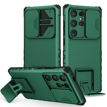 CCSmaller for Samsung Galaxy S24 Ultra Case with Slide Camera Cover, [ Snug Touch ] Slim Matte Rugged Shockproof Protection Case with Kickstand for Samsung S24 Ultra LTT Dark Green