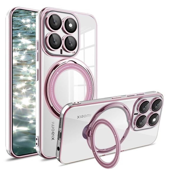 CCSmaller for Xiaomi 14 Pro Case (Not Mi 14) with Camera Lens Protector, Non-Yellowing Shockproof Phone Bumper Cover with Stand & Ring Holder TPU Clear Case for Xiaomi 14 Pro LD Pink