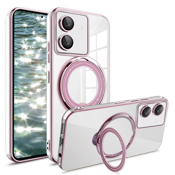 CCSmaller for Xiaomi Redmi 13C 4G Case (Not 5G) with Camera Lens Protector, Non-Yellowing Shockproof Phone Bumper Cover with Stand & Ring Holder TPU Clear Case for Xiaomi Redmi 13C 4G LD Pink