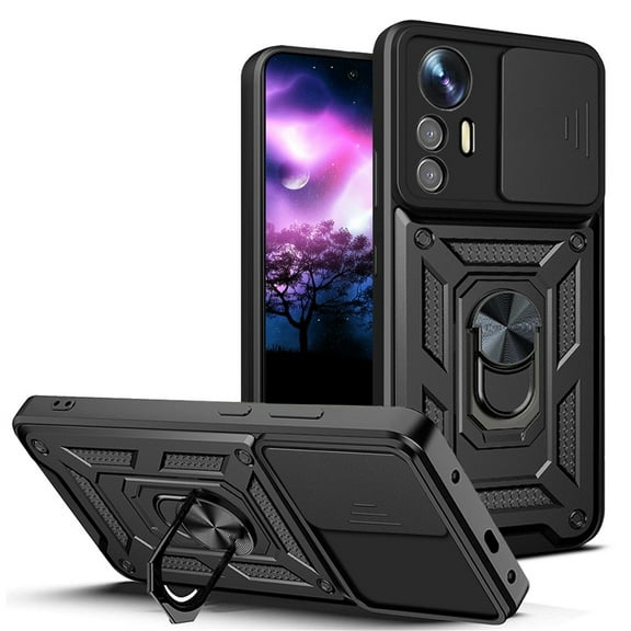 CCSmaller for Xiaomi Redmi Note 12S 4G Case with Slide Camera Cover for Men, Military Grade Drop Phone Cover Case with Rotate Ring Kickstand for Xiaomi Redmi Note 12S 4G SJ Black