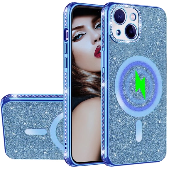 CCSmaller for iPhone 15 Glitter Case with Camera Lens Protector, Slim TPU Clear Magnetic Case with Magsafe Shiny Rhinestone Bling Sparkly Diamond Cover for iPhone 15 CZ Blue