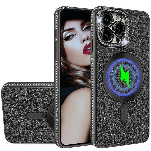 CCSmaller for iPhone 15 Pro Max Glitter Case with Camera Lens Protector, Slim TPU Clear Magnetic Case with Magsafe Shiny Rhinestone Bling Sparkly Diamond Cover for iPhone 15 Pro Max CZ Black