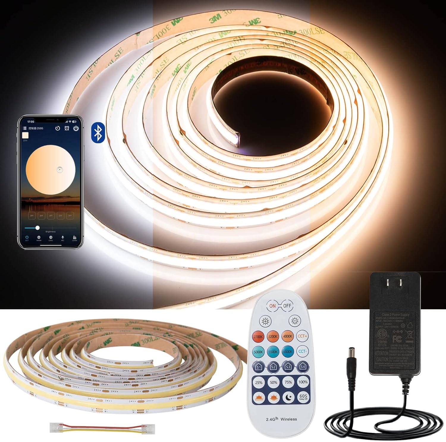 CCT COB LED Strip Light Dimmable Kit 2700K6500K Warm/Cool White 24v