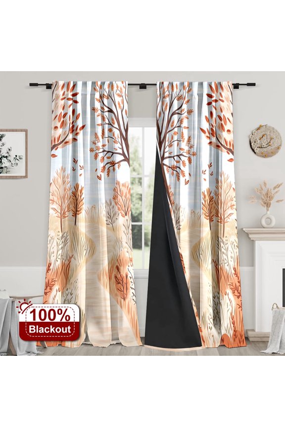 2PCS Curtains Autumn warmth withered leaf path Blackout Rod Pocket Curtains for Bedroom Living Room Nursery