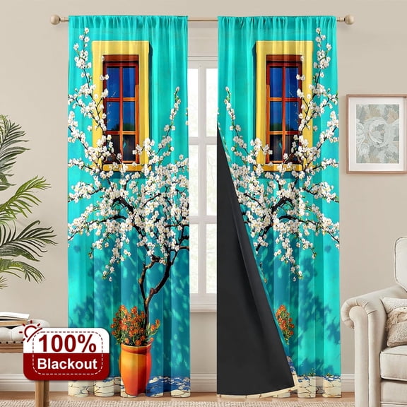 CCTFS 2PCS Curtains Beautiful Spring Day and White Flowers Window Shadow Thermal Blackout Curtains Rod Pocket for Bedroom Living Room Office