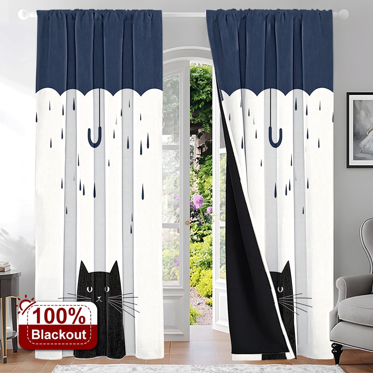 CCTFS 2PCS Curtains Dark Blue Rainy Night Black Cat Energy Saving ...