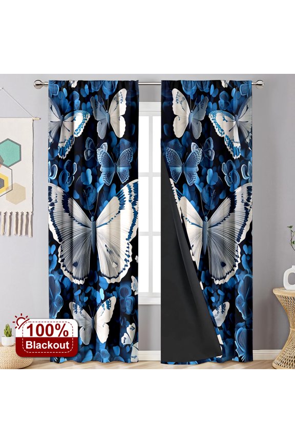 2PCS Curtains Deep Blue Art Butterfly Thermal Blackout Curtains Rod Pocket for Bedroom Living Room Office