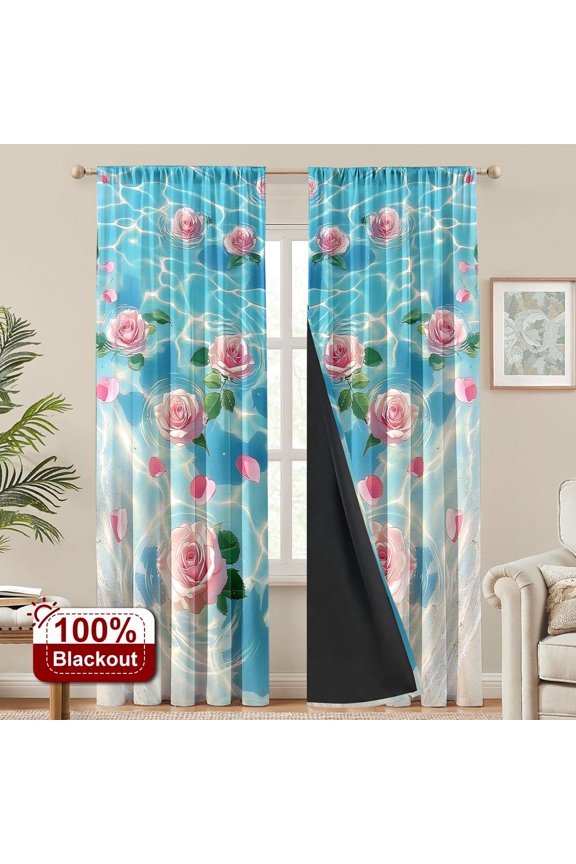 2PCS Curtains Dream Blue Pink Rose Pool Privacy Light Blocking Curtain Panels for Bedroom Living Room Kitchen