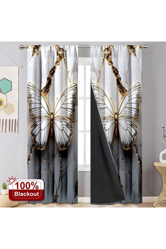 2PCS Curtains Gold Foil Crack White Butterfly Room Darkening Rod Pocket Drapes for Home Bedroom Living Room
