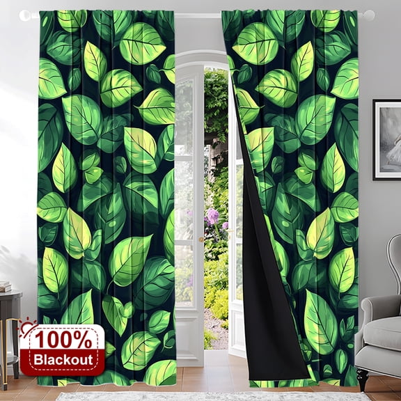 CCTFS 2PCS Curtains Green Leaves Fill the Screen Room Darkening Rod Pocket Drapes for Home Bedroom Living Room