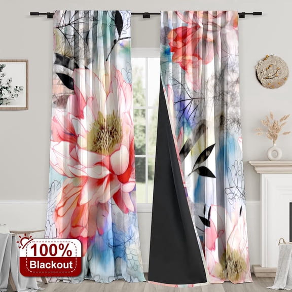 CCTFS 2PCS Curtains Ink Style Pink Lotus Thermal Blackout Curtains Rod Pocket for Bedroom Living Room Office