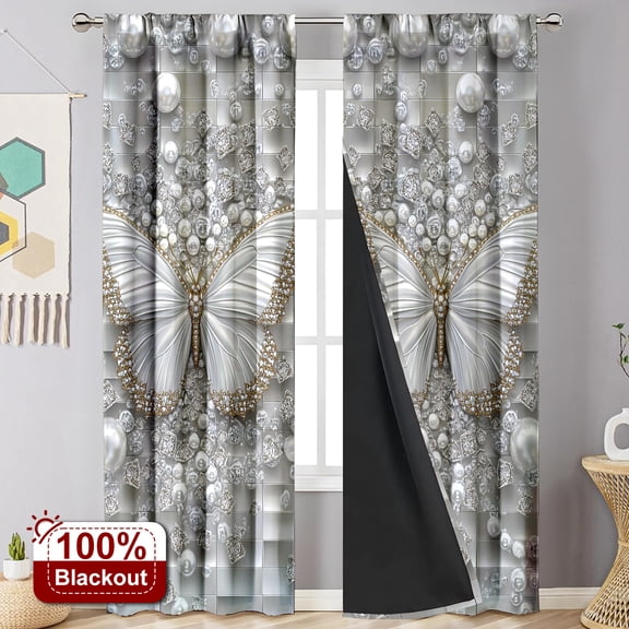 CCTFS 2PCS Curtains Luxury Silver Butterfly Pearl Diamond Privacy Light Blocking Curtain Panels for Bedroom Living Room Kitchen