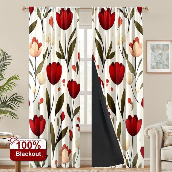 CCTFS 2PCS Curtains Romantic red flowers and green leaves Energy Saving Blackout Rod Pocket Curtains for Bedroom Living Room Dining Room