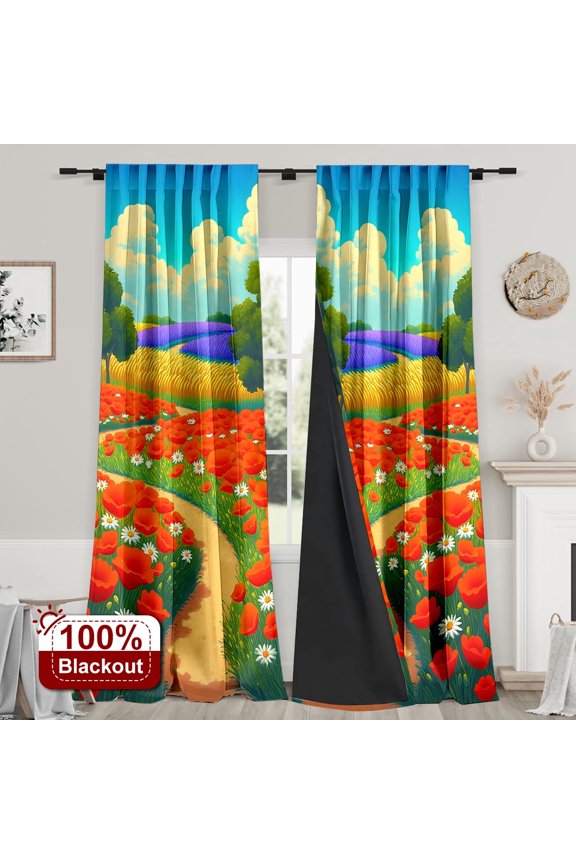2PCS Curtains Spring Garden Red Flower Path Blackout Rod Pocket Curtains for Bedroom Living Room Nursery