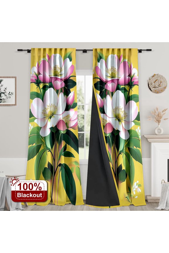 2PCS Curtains Spring Pink Flowers, Green Leaves and Gold Bottom Energy Saving Blackout Rod Pocket Curtains for Bedroom Living Room Dining Room