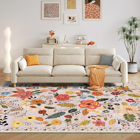 CCTFS 5X7 Flower Area Rugs for Living Room, Non Slip Machine Washable Retro Rugs, Low Pile Chenille Print Rug for Bedroom, Dining Room, Home Office
