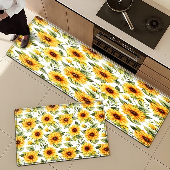 CCTFS A sea of sunflowers in summer Soft Non-slip 2Pcs Flannel Mat and Kitchen Rugs,16''×24'' 17''x 47'',for Bathroom Bedroom Entry