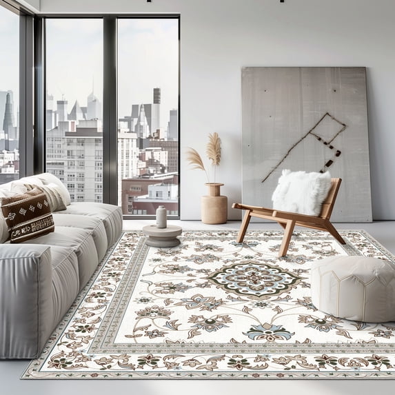 CCTFS Area Rugs for Living Room Bedroom Dining Room, Machine Washable Large Print Boho Vintage Tribal Aesthetic Carpet, Stain Resistant Floor Cover, Non Slip Low Pile Kitchen Rugs (Beige 8x10ft)