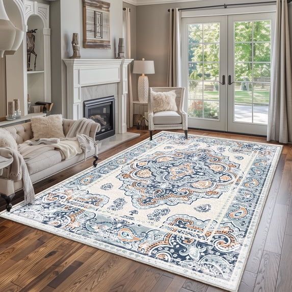 CCTFS Area Rugs for Living Room Bedroom Dining Room, Machine Washable Large Print Boho Vintage Tribal Aesthetic Carpet, Stain Resistant Floor Cover, Non Slip Low Pile Kitchen Rugs (Blue 5x7ft)