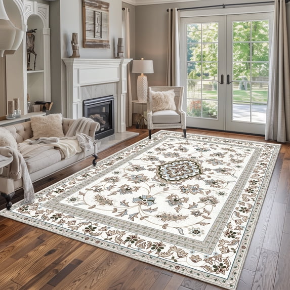 CCTFS Area Rugs for Living Room Bedroom Dining Room, Machine Washable Large Print Boho Vintage Tribal Aesthetic Carpet, Stain Resistant Floor Cover, Non Slip Low Pile Kitchen Rugs (Beige 5x7ft)